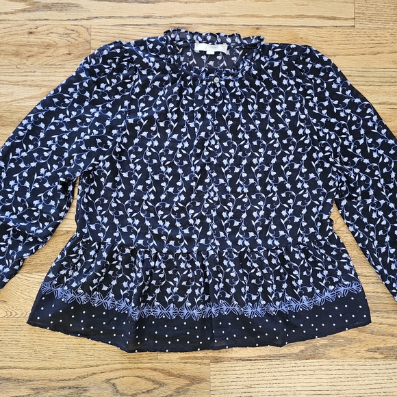 LOFT Size M Peplum Blouse Navy Blue Floral Ruffle Hem Business Casual Chiffon - Picture 3 of 8